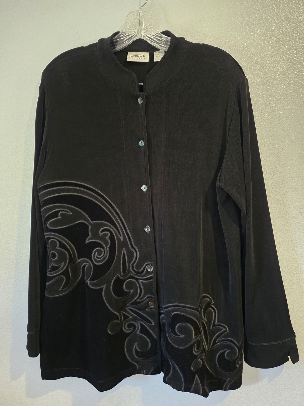 Chico's Travelers Black Velour Empress Scroll Isabel Jacket Womens Size 2